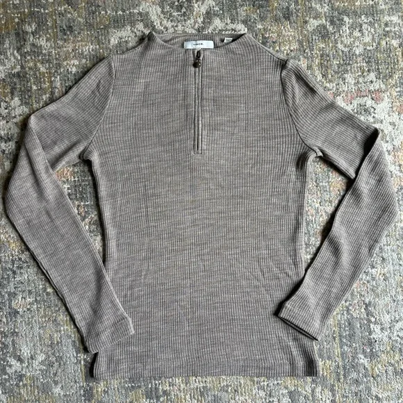 Vince Ribbed Wool Blend Quarter Zip Sweater Pullover Size Small Heather Birch - Picture 3 of 8